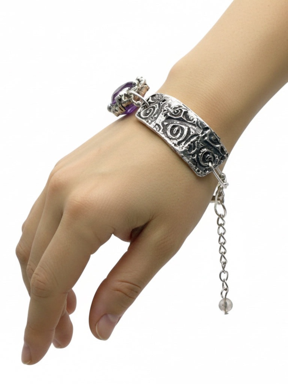 Amethyst Bracelet - Chunky Crystal Intricate Silver Links Adjustable 8" - Picture 3 of 17